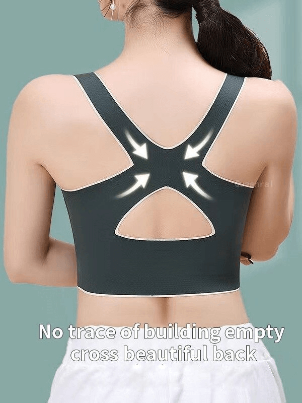 Elastic cross back sports bra with front closure, highlighting stylish and supportive design for women, featuring breathable fabric.
